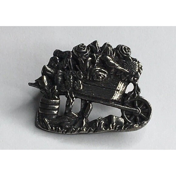 Vtg. Birds & Blooms Brooch Pin Pewter Flower Wheelbarrow Grandmother Cottagecore - Picture 1 of 8